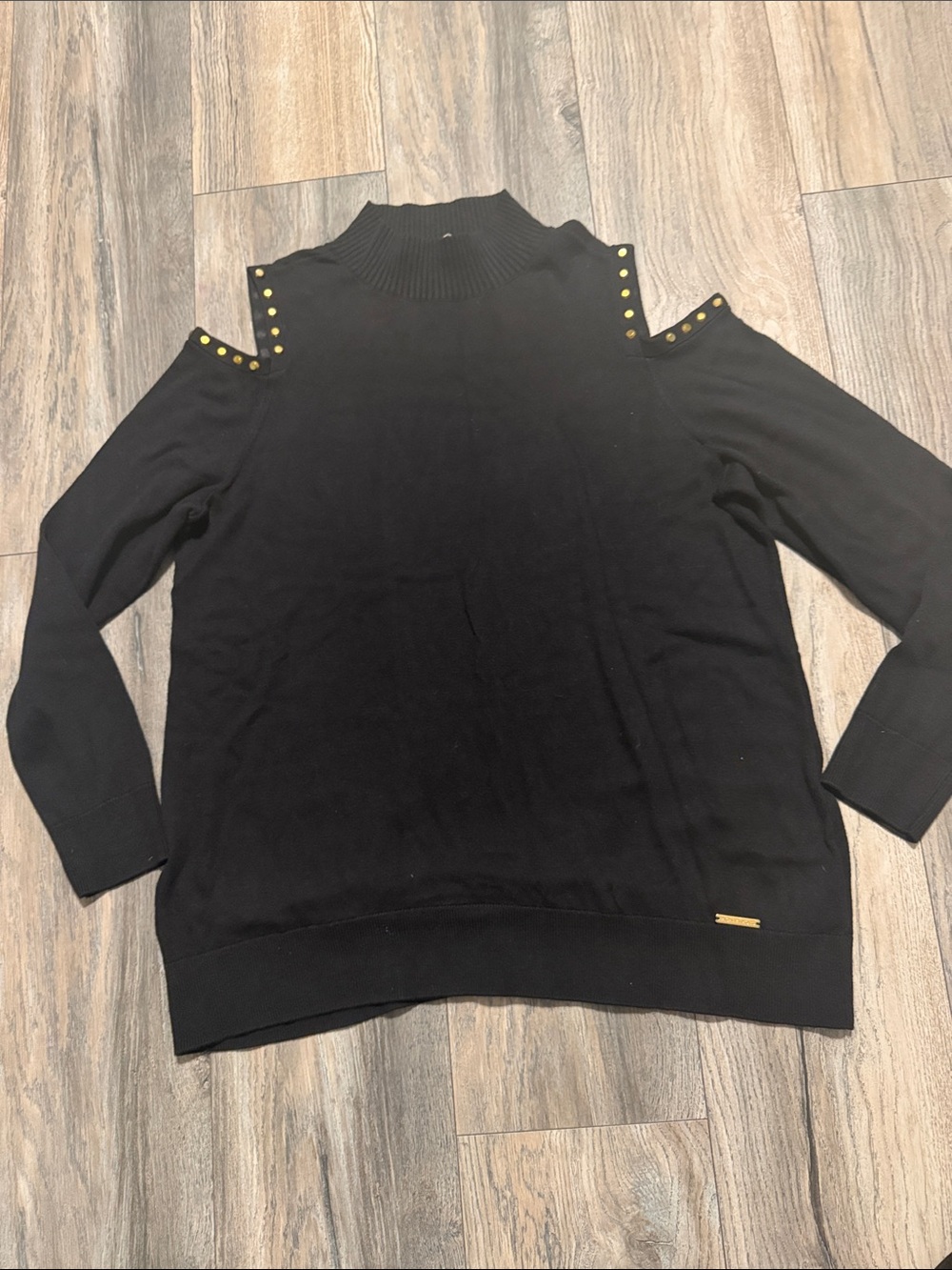 Michael Kors Black Cold-Shoulder Turtleneck Sweater with Gold Studs